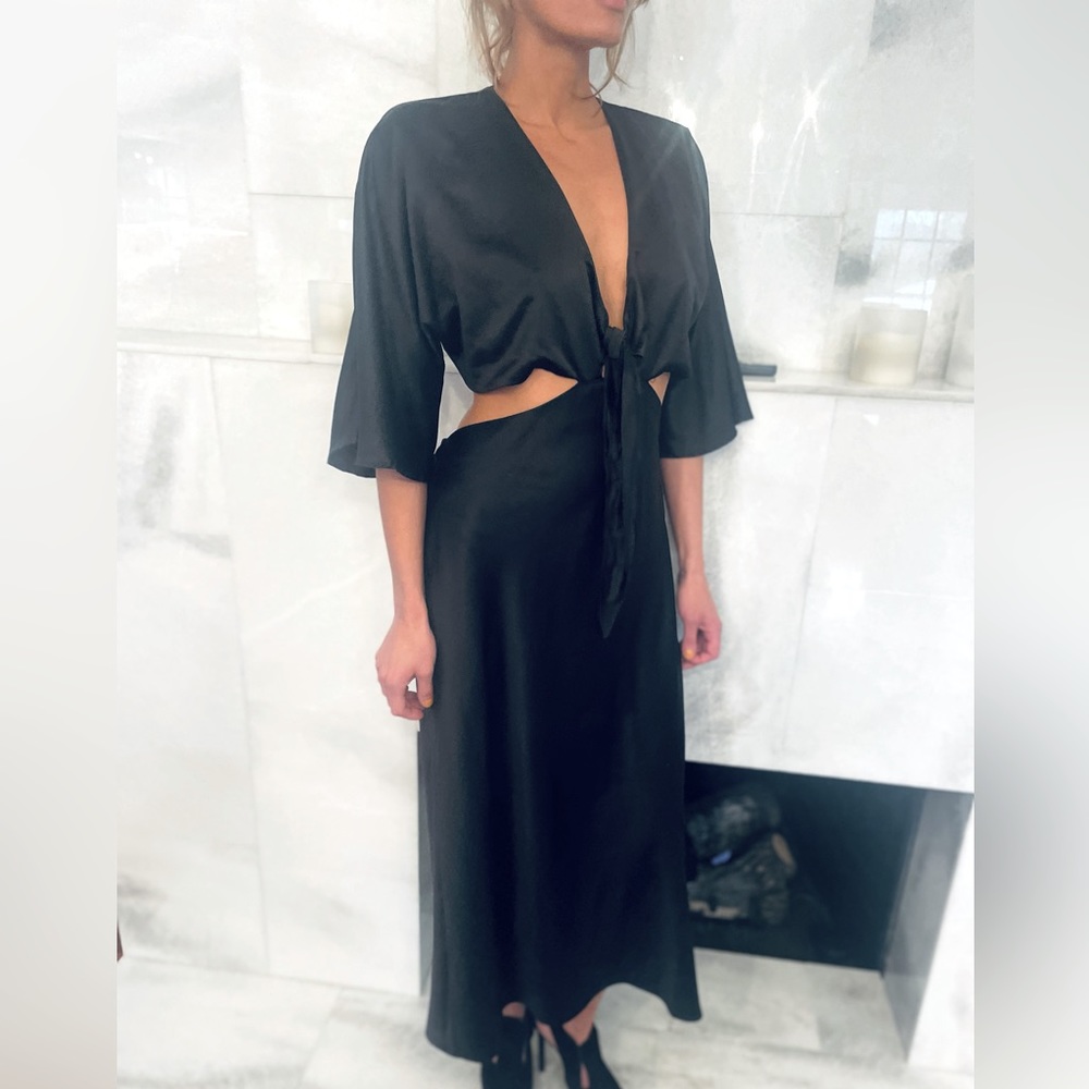 Revolve Black Satin Tie Front Midi Length Dress 😍